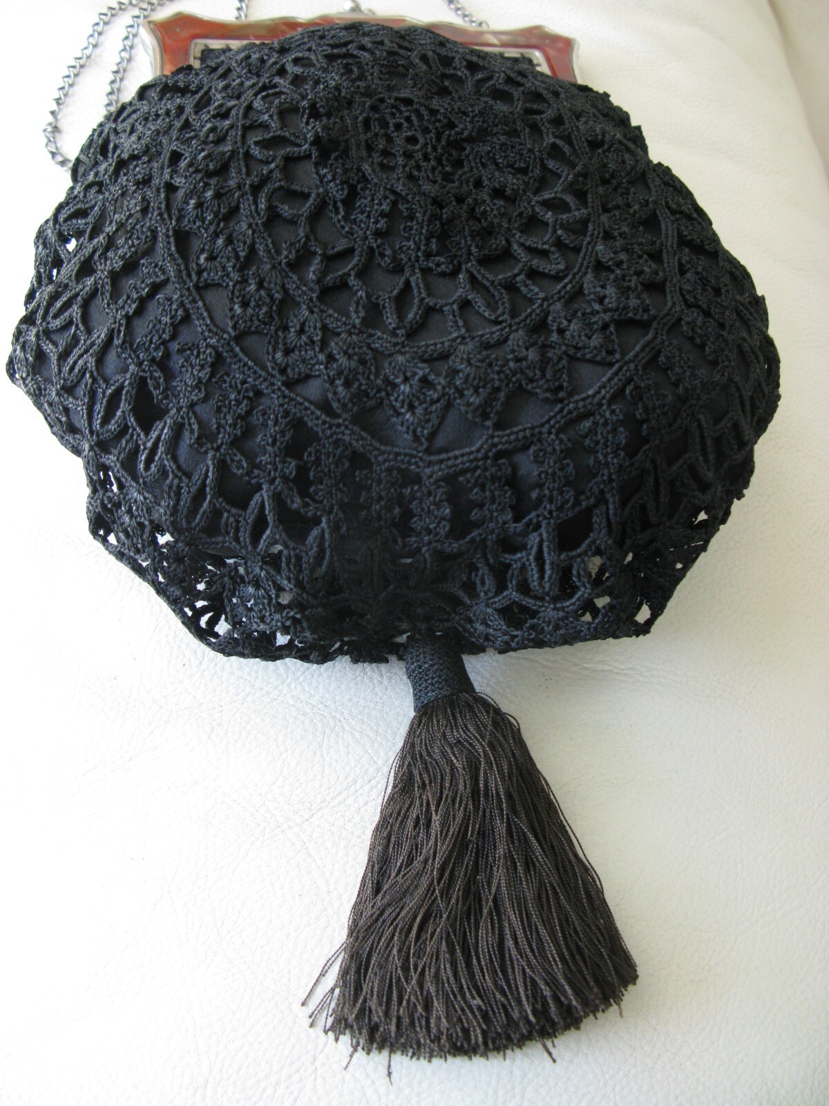 Antique Silver Lucite Marble Frame Black Crochet Tassel Large Purse