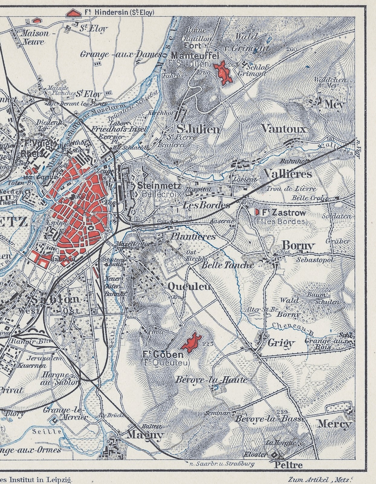 Metz & Vicinity – Original 1909 Map by Meyers. Antique. France