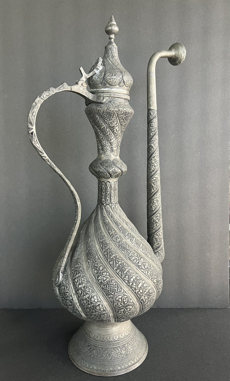 Large antique Middle Eastern Islamic Turkish Engraved Tinned Copper Ewer H21.75”