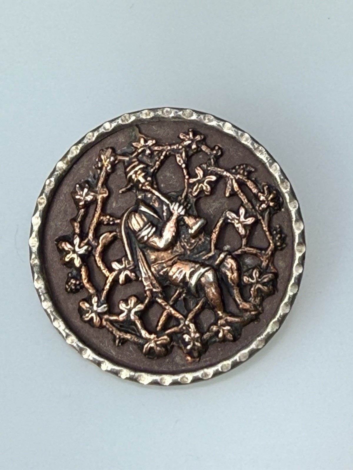 Antique Brass Picture Button “The Piper” BBB Ref Plate 210 #6 – 1 5/8” Pictorial