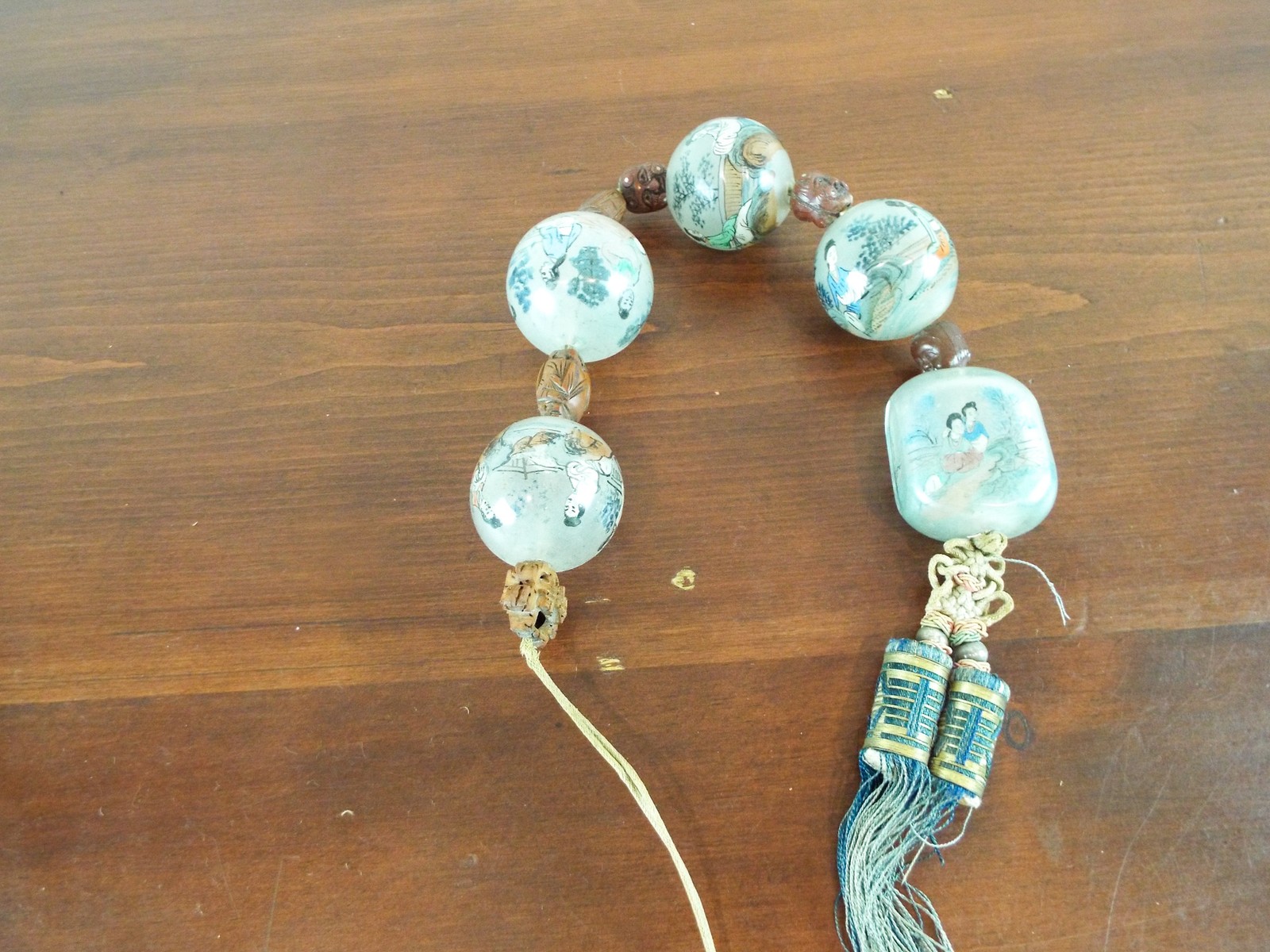 Vintage Reverse Painted Peking Glass Prayer Beads 5 Large 1.5″ Unique Jewelry