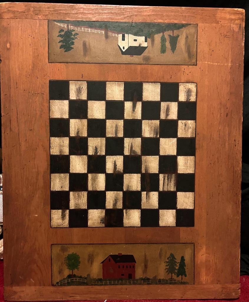 Vintage American Folk Art Primitive Americana Old Dough Board Ends Checkerboard