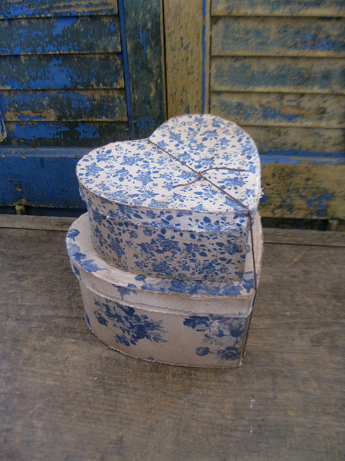 Stack of 2 Papier Mache Heart Shaped Boxes Blue and White Calico