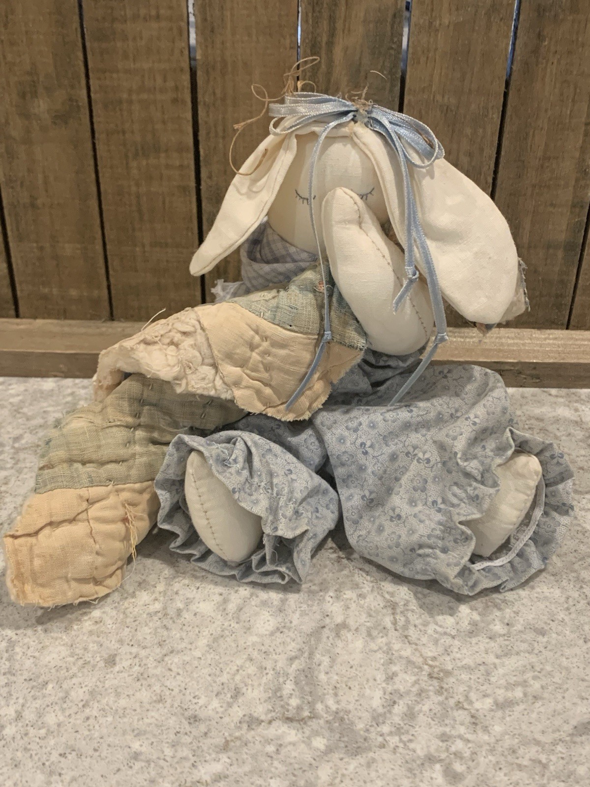 Primitive Handmade Rabbit Bunny Doll 5.5” Fabric Folk Art W/Quilt Granny Core