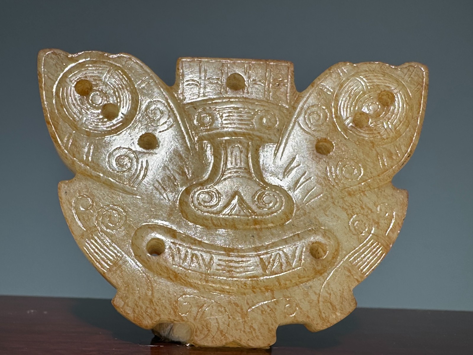 “Liang Zhu” Culture Old Jade Carved Double Sided Animal Face Pendant L 5.8 cm