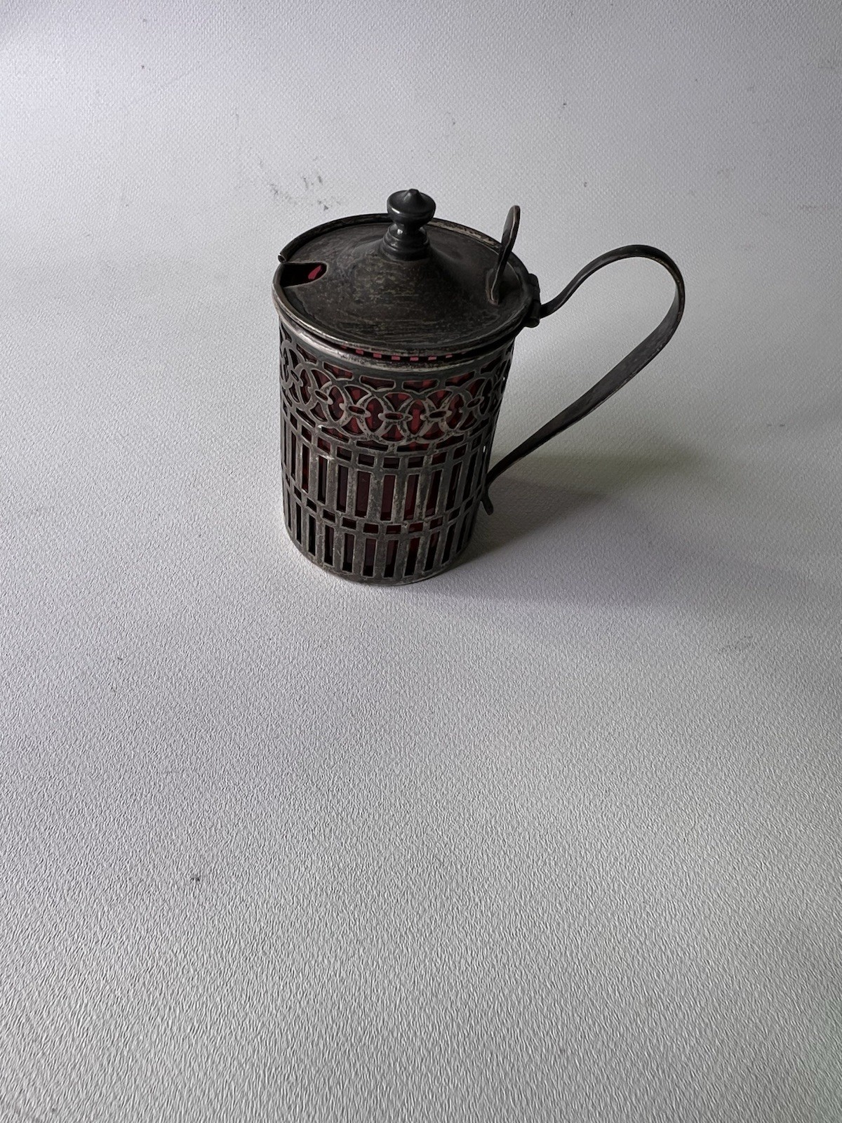 Antique Sterling Silver Small Mustard Pot / Condiment Jar c1900 Ruby Red Glass