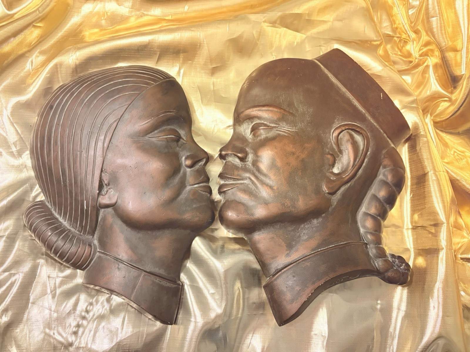 1950s Wall Hanging 3D Busts Copper Coated Chalkware Signed/Dated Asian Man&Woman
