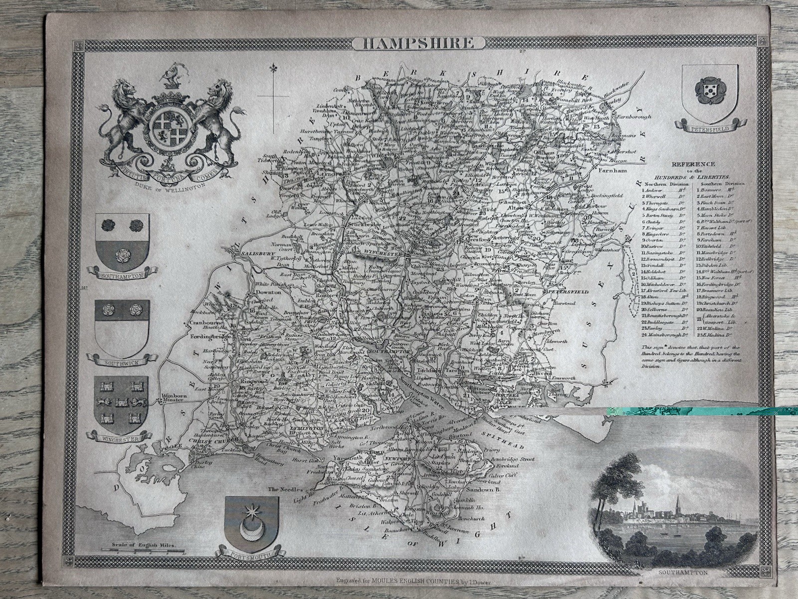 1838 Hampshire Original Antique Ornate Map by Thomas Moule