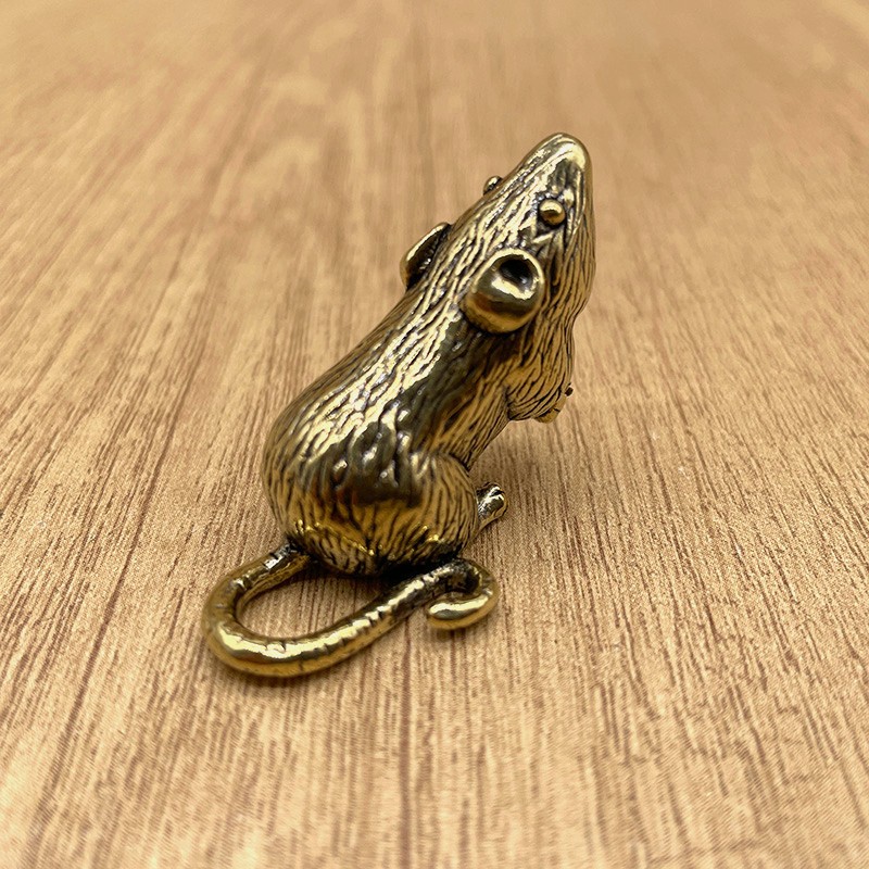 Brass Rat Figurine Chinese Zodiac Mouse Statue Mini Animal Desk Decor