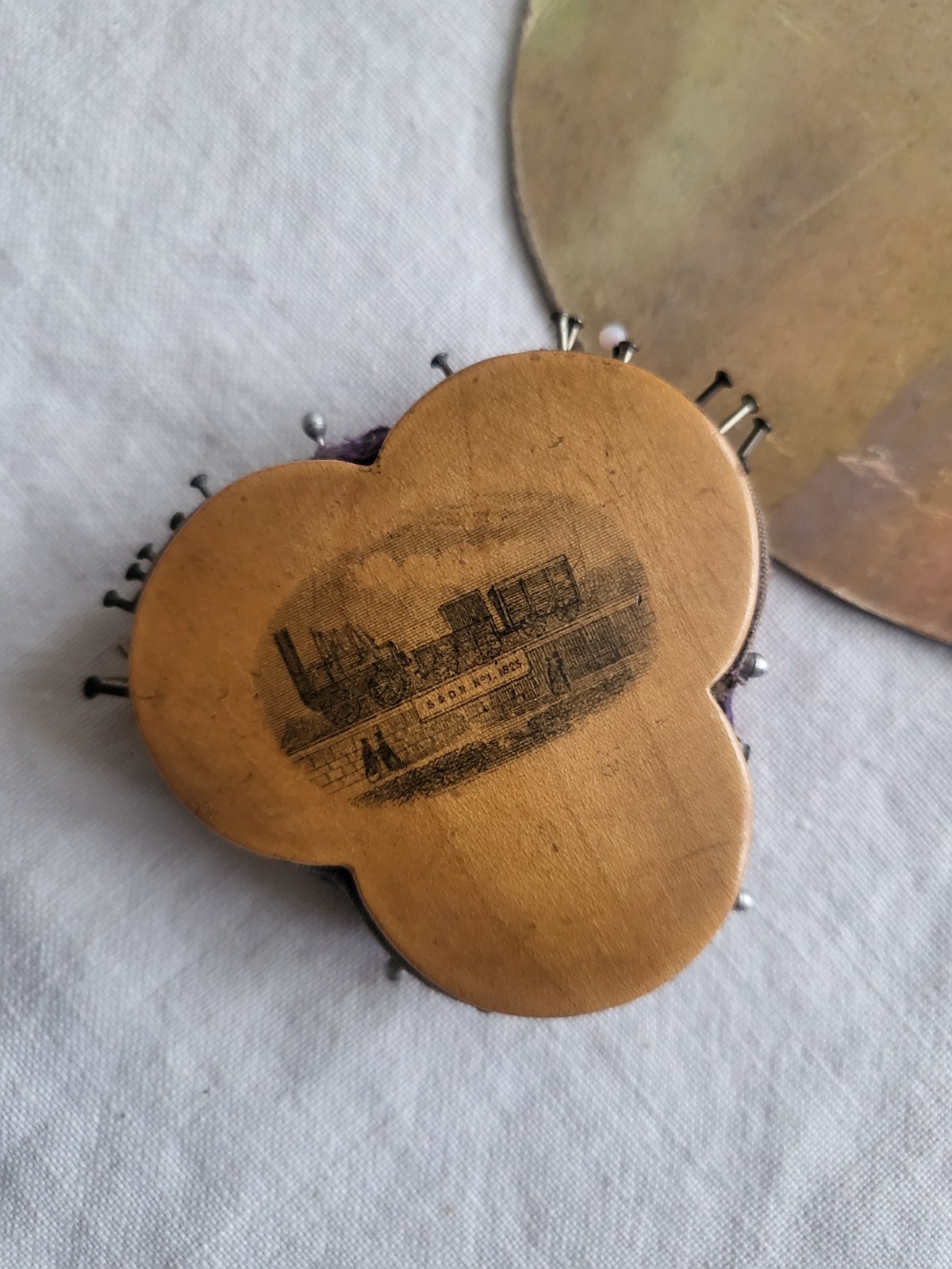 Antique Mauchline Ware Clover Shaped Pin cushion ,Stephenson’s No 1.