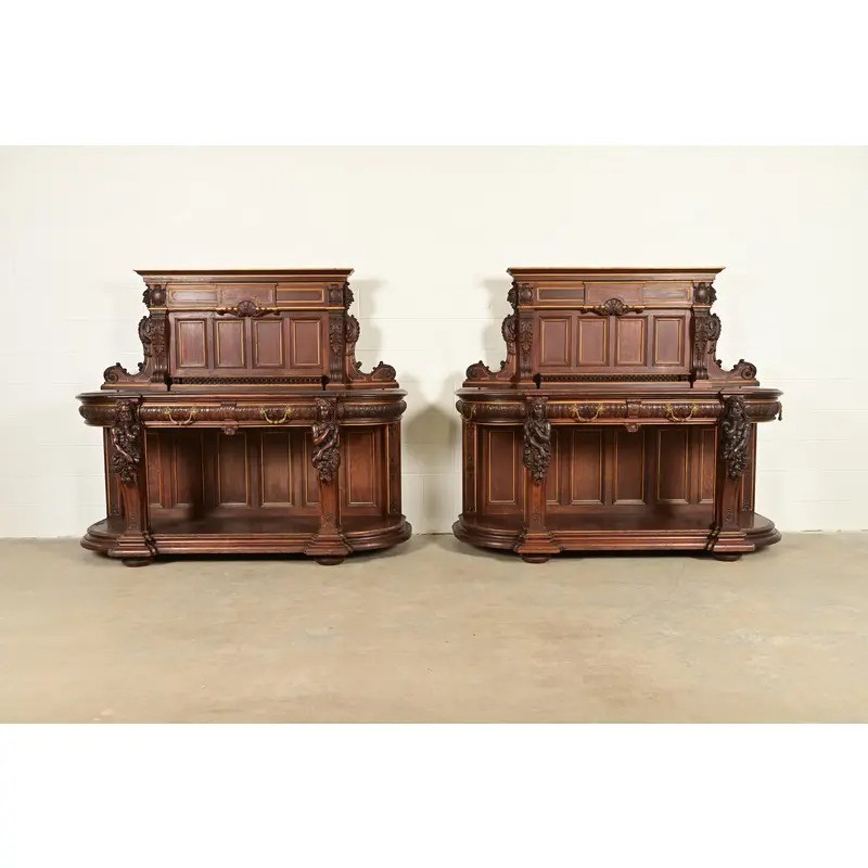 R. J. Horner Renaissance Revival Oak Sideboards or Bar Cabinets, Circa 1880s