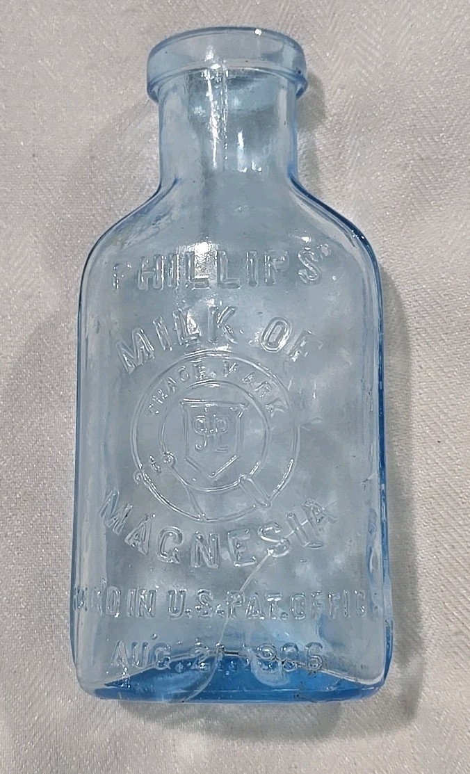 Vintage 1930s Milk of Magnesia Chas H Phillips Chemical Co Blue Glass Bottle