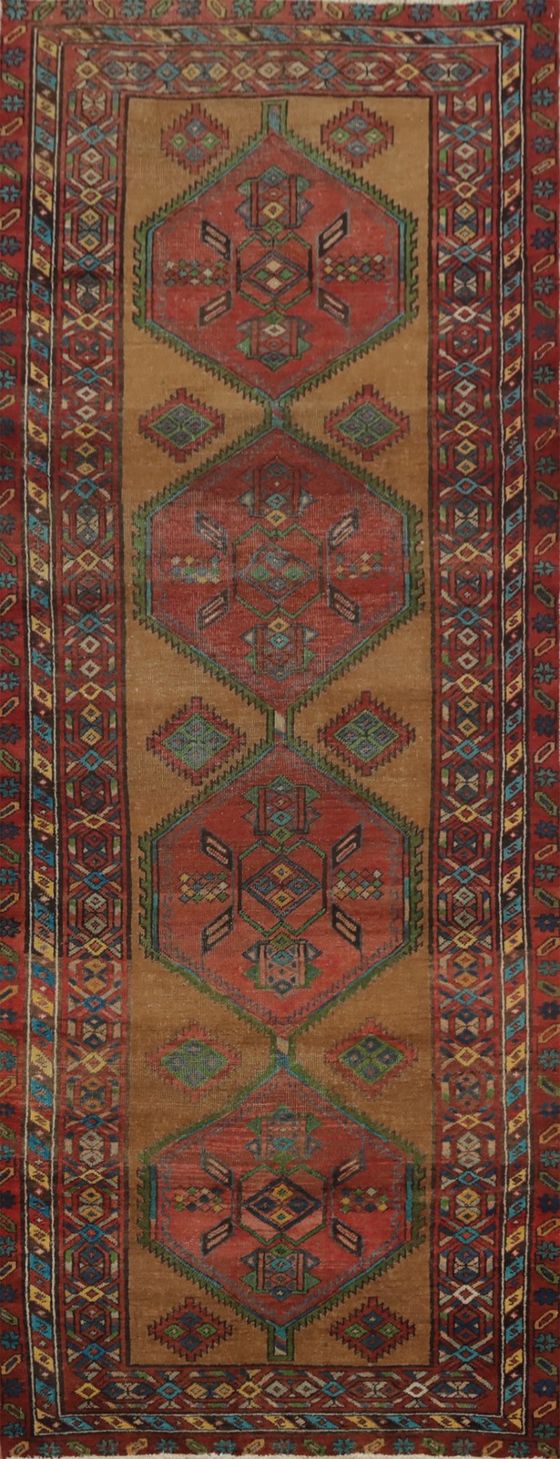 Semi-Antique Wool Brown Tribal 10 ft Runner Rug Traditional Handmade Carpet 3×10