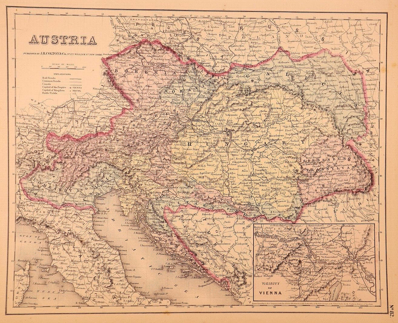 Dated 1855 J.H. Colton Map ~ AUSTRIA – VICINITY of VIENNA ~ Free S&H (14×17)-#09