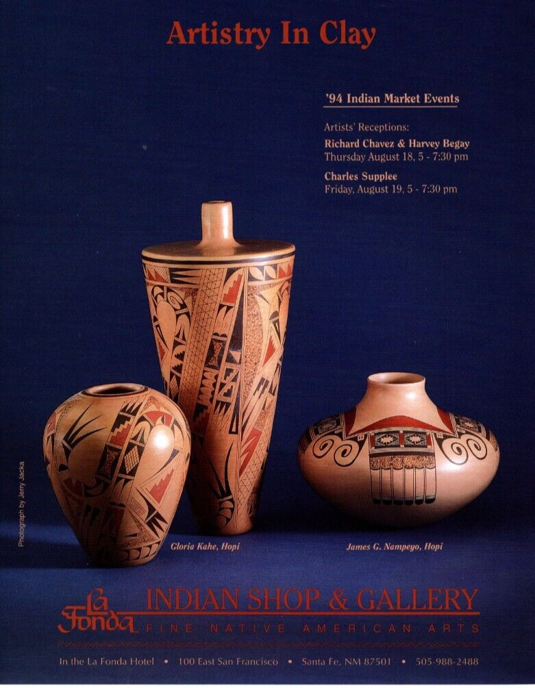 1994 AMERICAN INDIAN POTTERY EXHIBIT PRINT AD, HOPI, NAMPEYO, LA FONDA PRINT AD