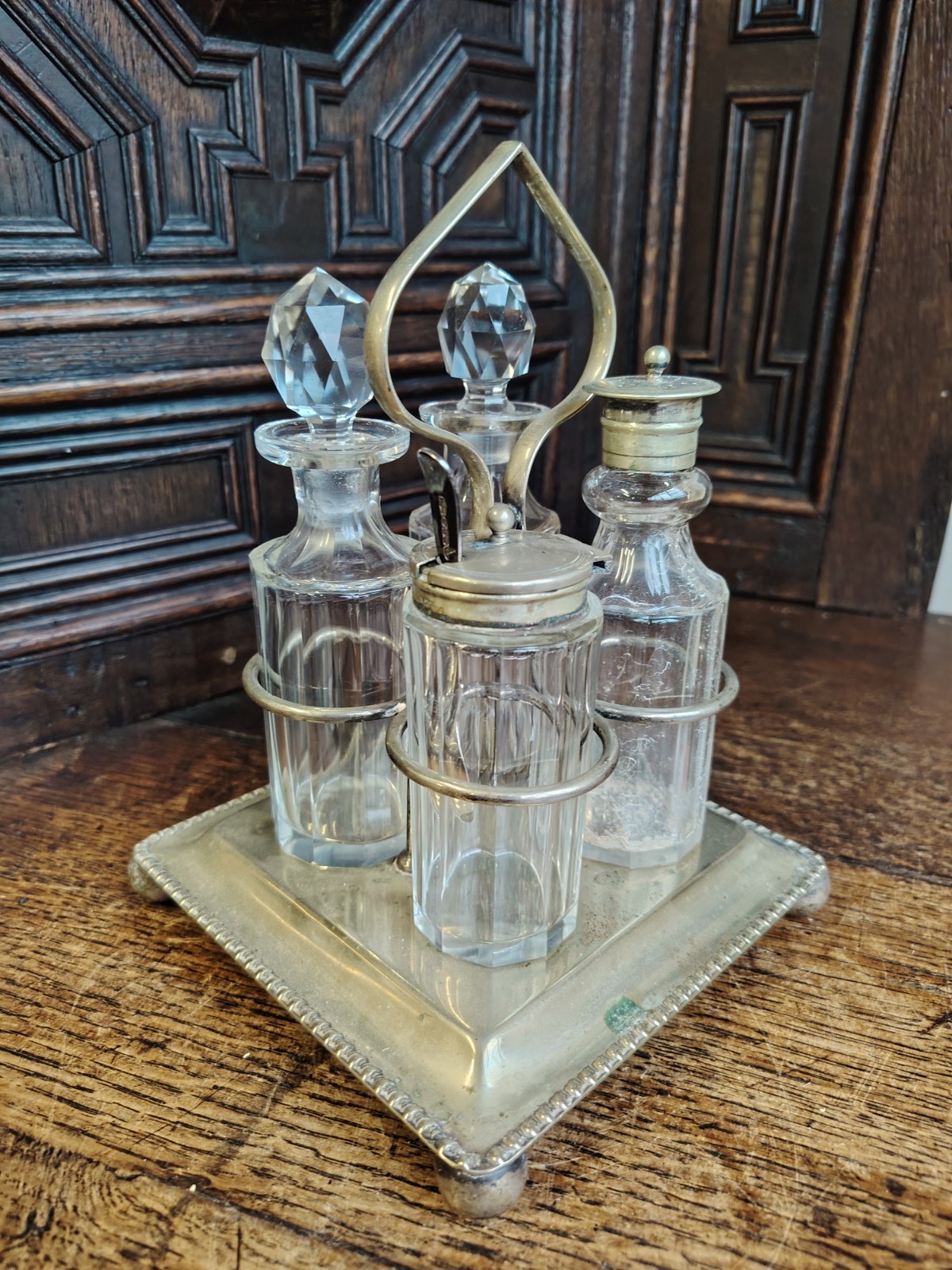 Vintage Silver Plate And Glass 4 Piece Cruet Set 9″ Inches Tall Original Cond