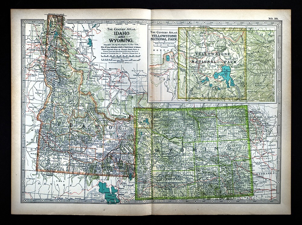 1897 Century Map idaho Wyoming Cheyenne Boise Yellowstone National Park WY ID