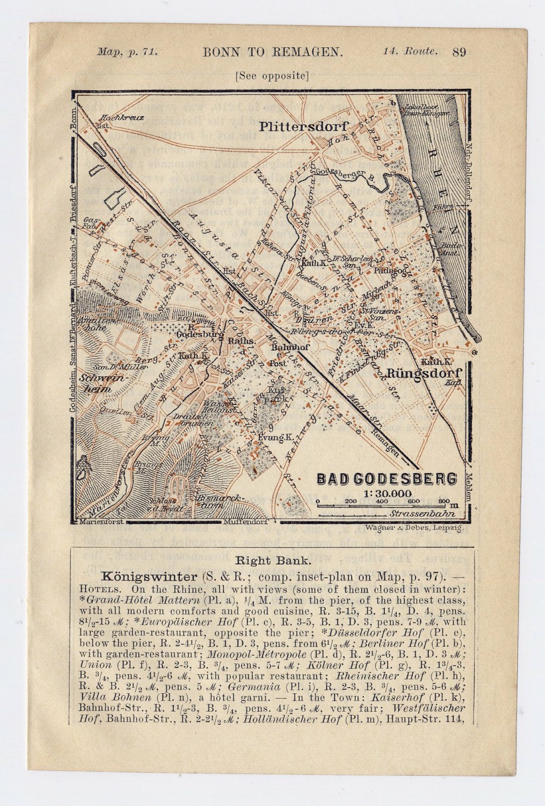 1911 ORIGINAL ANTIQUE MAP OF BAD GODESBERG / BONN NORTH RHINE WESTPHALIA GERMANY