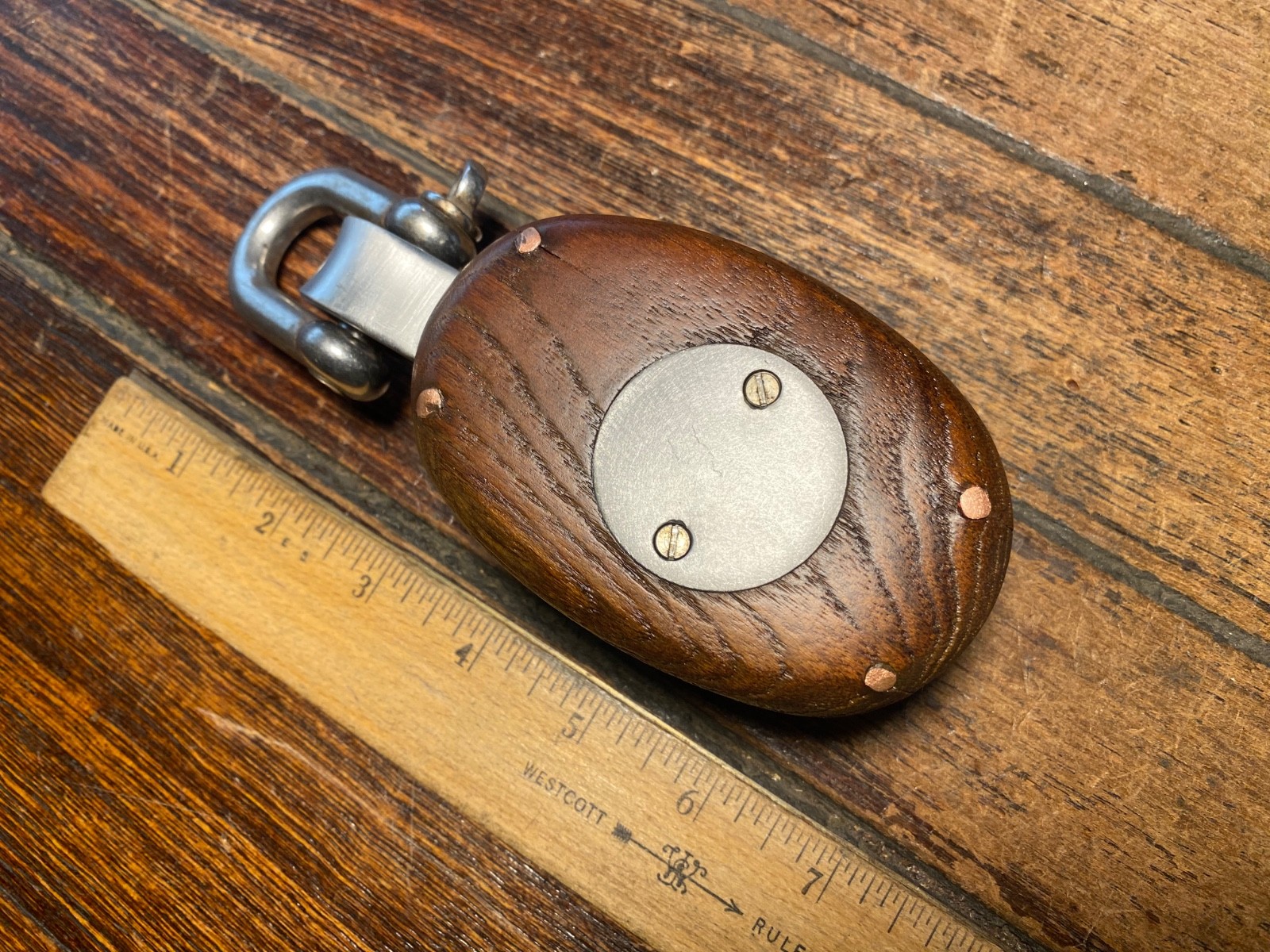 Vintage Refinished Teakwood Single Block 2 1/4″ Bronze Sheave