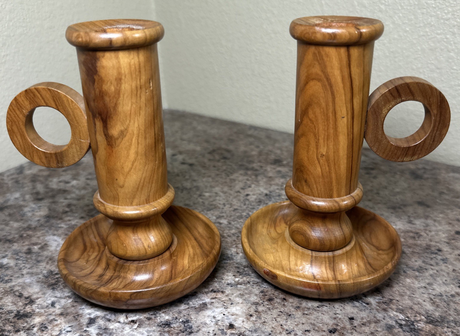 2 – Vintage Handheld Candle Holders Olive Wood Oliv Art Made In Spain