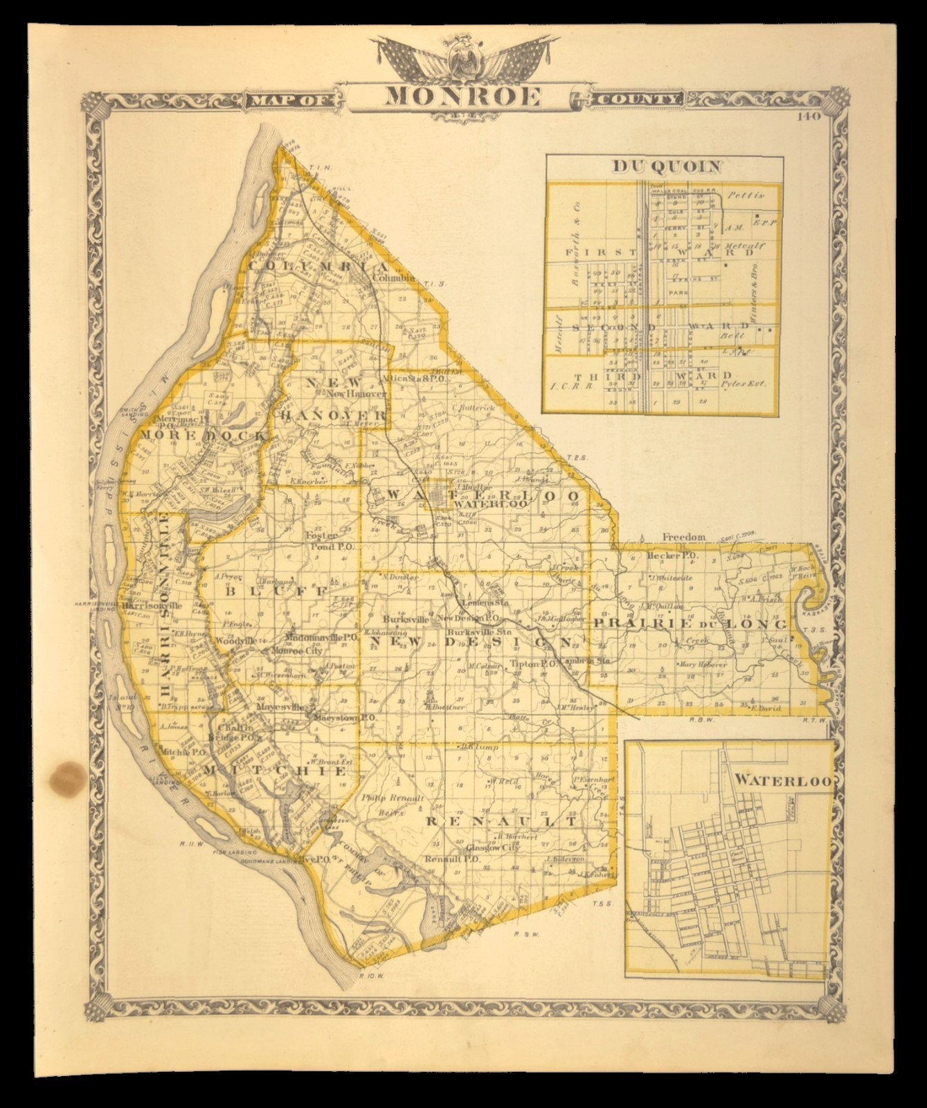 ca 1876 MONROE COUNTY Illinois Map Waterloo Original Cairo & St Louis Railroad