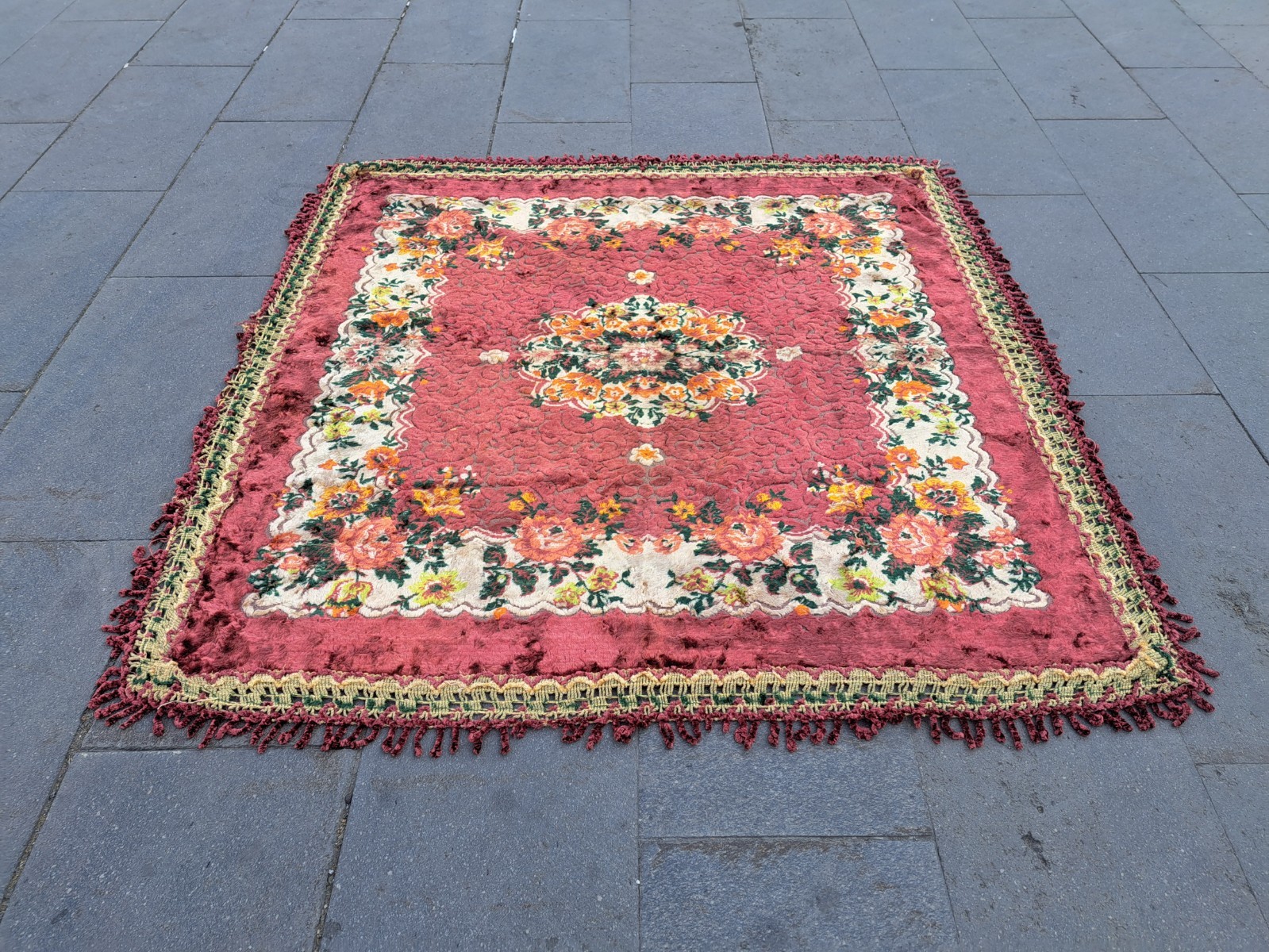Turkish Velvet Rug, Table Ornament, Vintage Tapestry, Wall Art, 4.3 x 4.3 ft