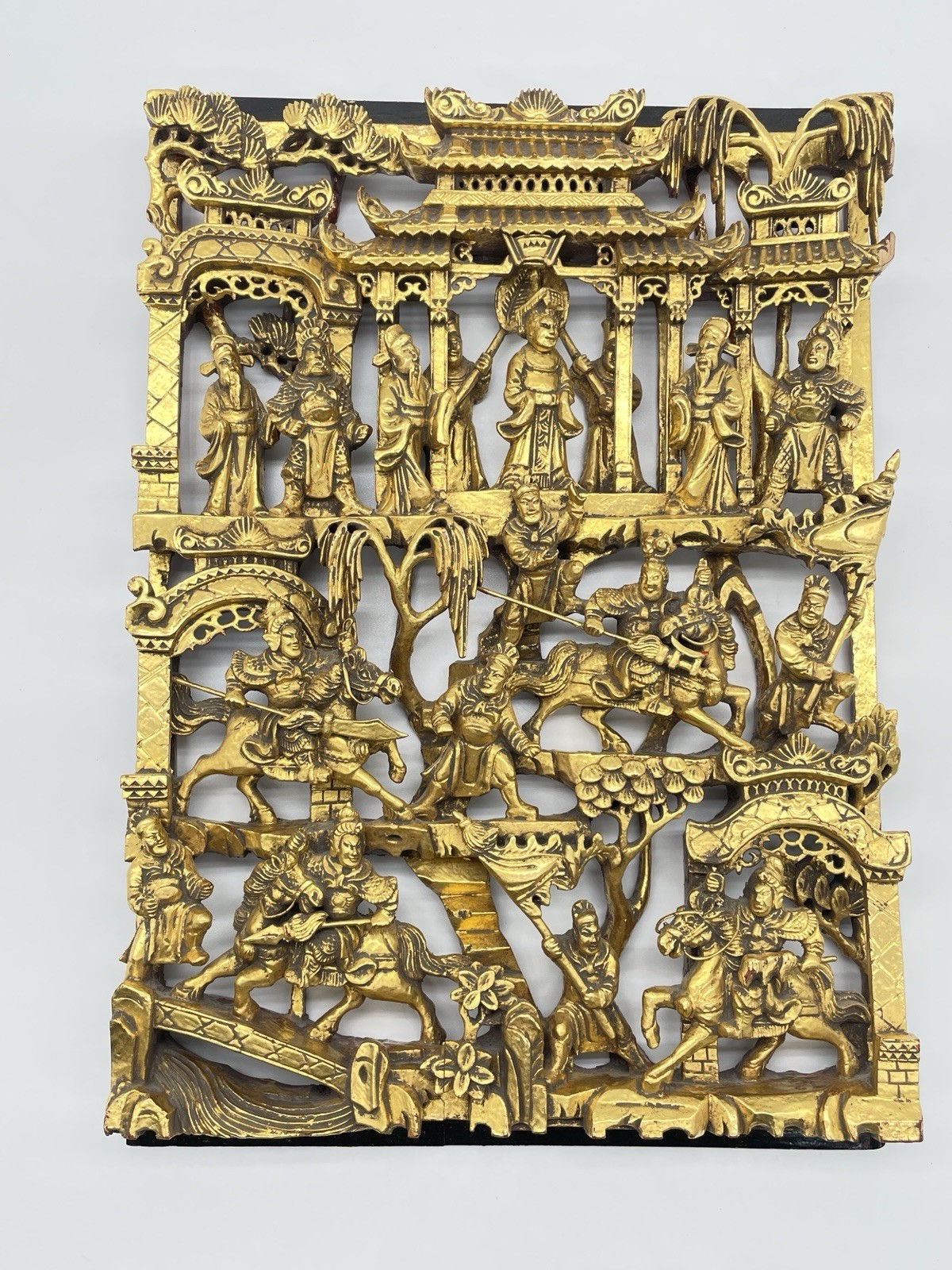 Chinese Carved Deep Relief Gilt Wood Festival or Theatrical Scene Panel.