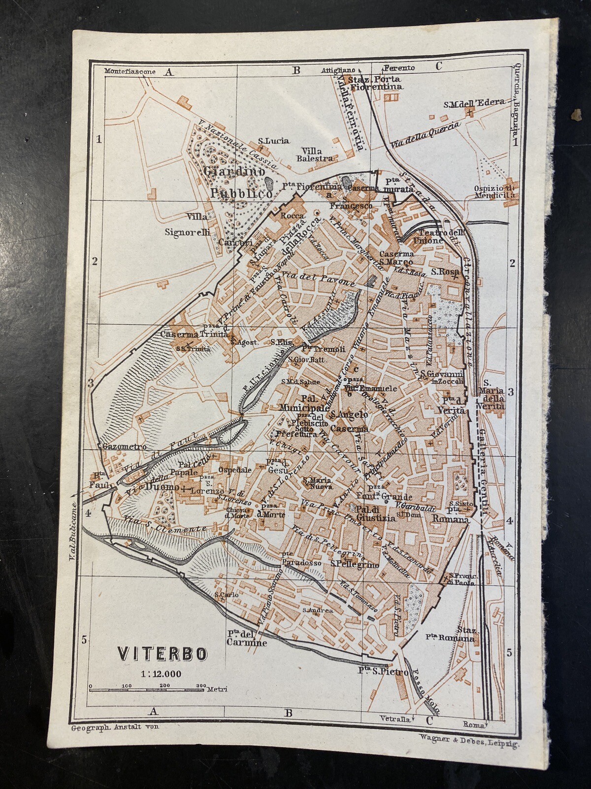 Viterbo Lazio Italy 4×6″ map by Wagner & Debes/Baedeker crisp clean detailed