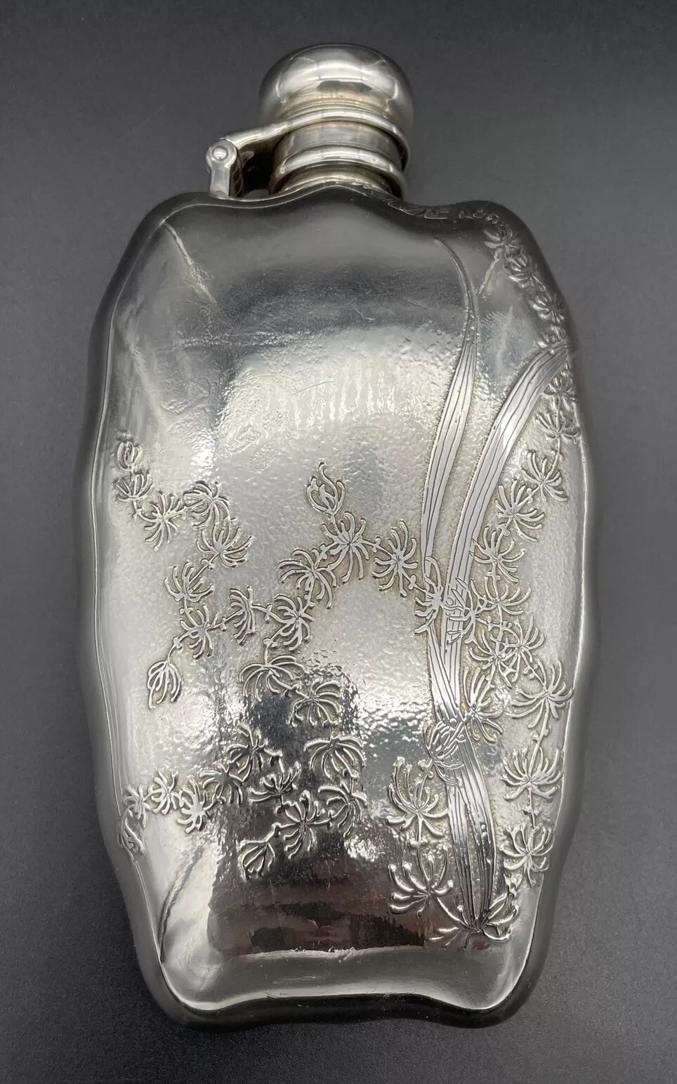 Whiting Aesthetic Sterling Silver Flask Acid Etched Floral Decorations 1880’s