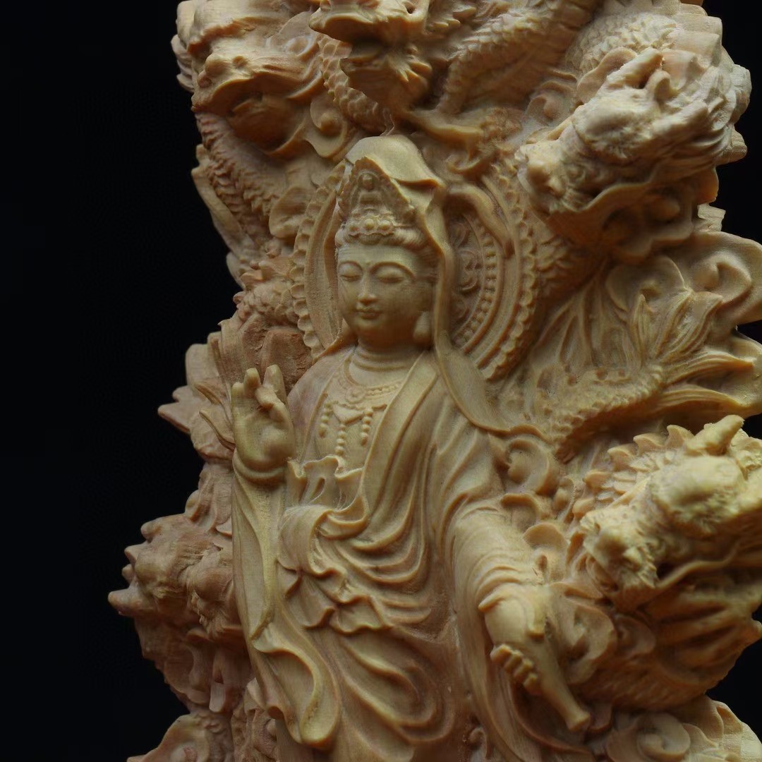 Chinese Boxwood Huang-yang Wood Carving Guanyin 9-dragon Statue HUI80104