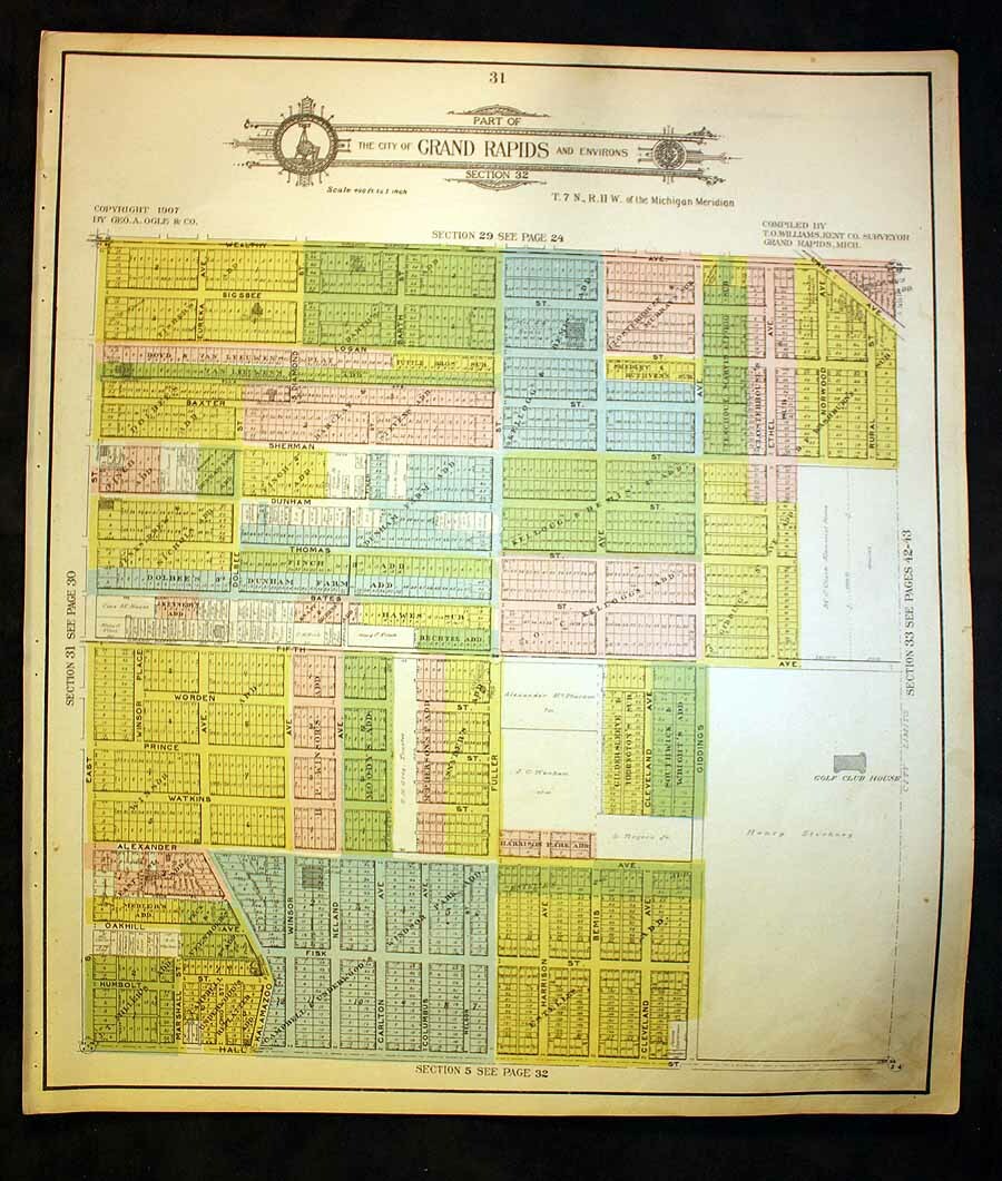 City of Grand Rapids 1907 Plat Map Kalamazoo Ave Wealthy Hall St East Burton Ave