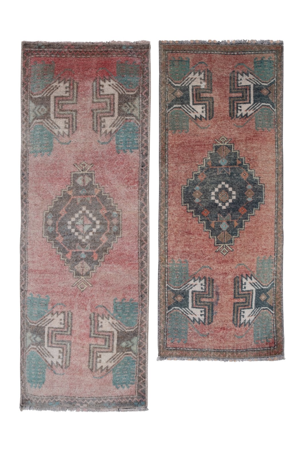 Pair of Vintage Turkish Oushak Yastik Scatter Rug – Faded Tribal Carpet