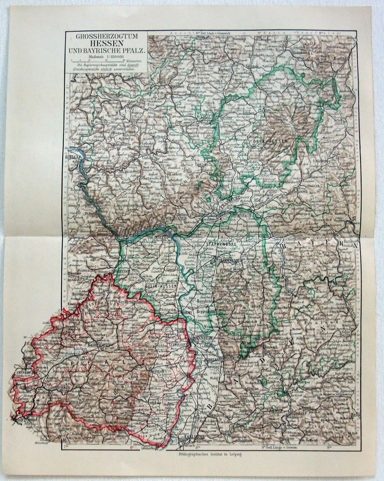 Grand Duchy of Hesse & Bavarian Palatinate Germany – Original 1909 Map by Meyers
