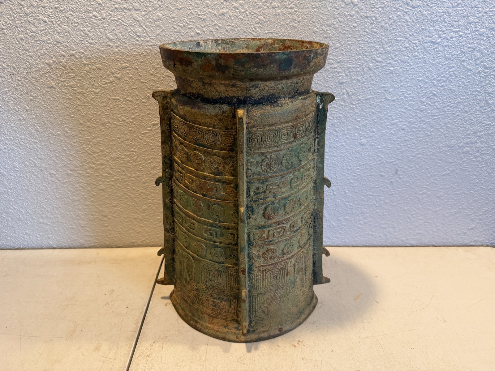 Ancient Chinese Bronze Ritual Zun Vessel Taotie Mask Leiwen Flanges Patina