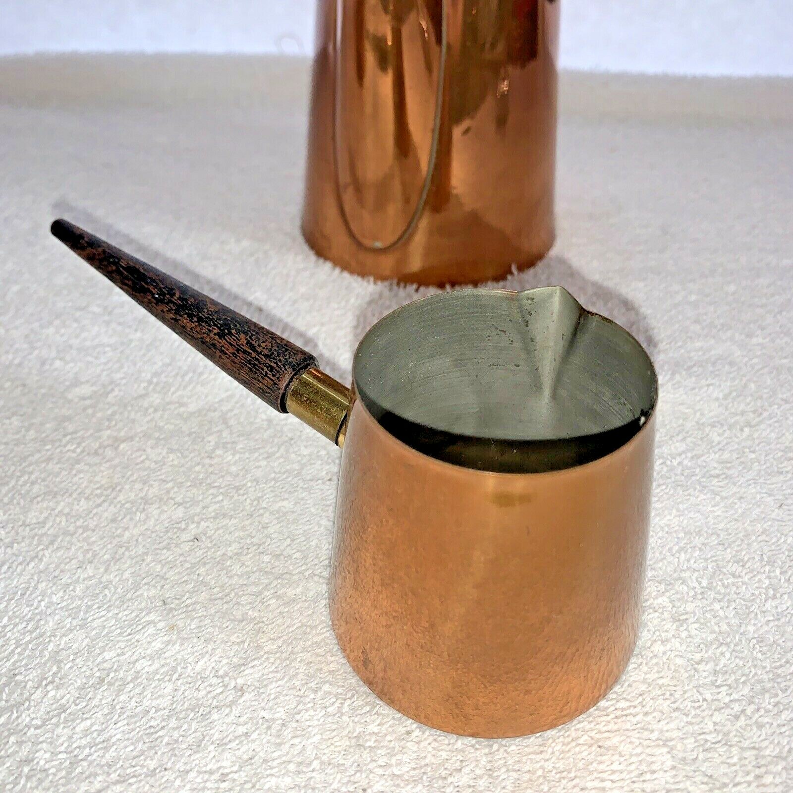 A Mid Century Modern B&M Douro Angular Copper & Teak Coffee Pot Set Portugal 3pc