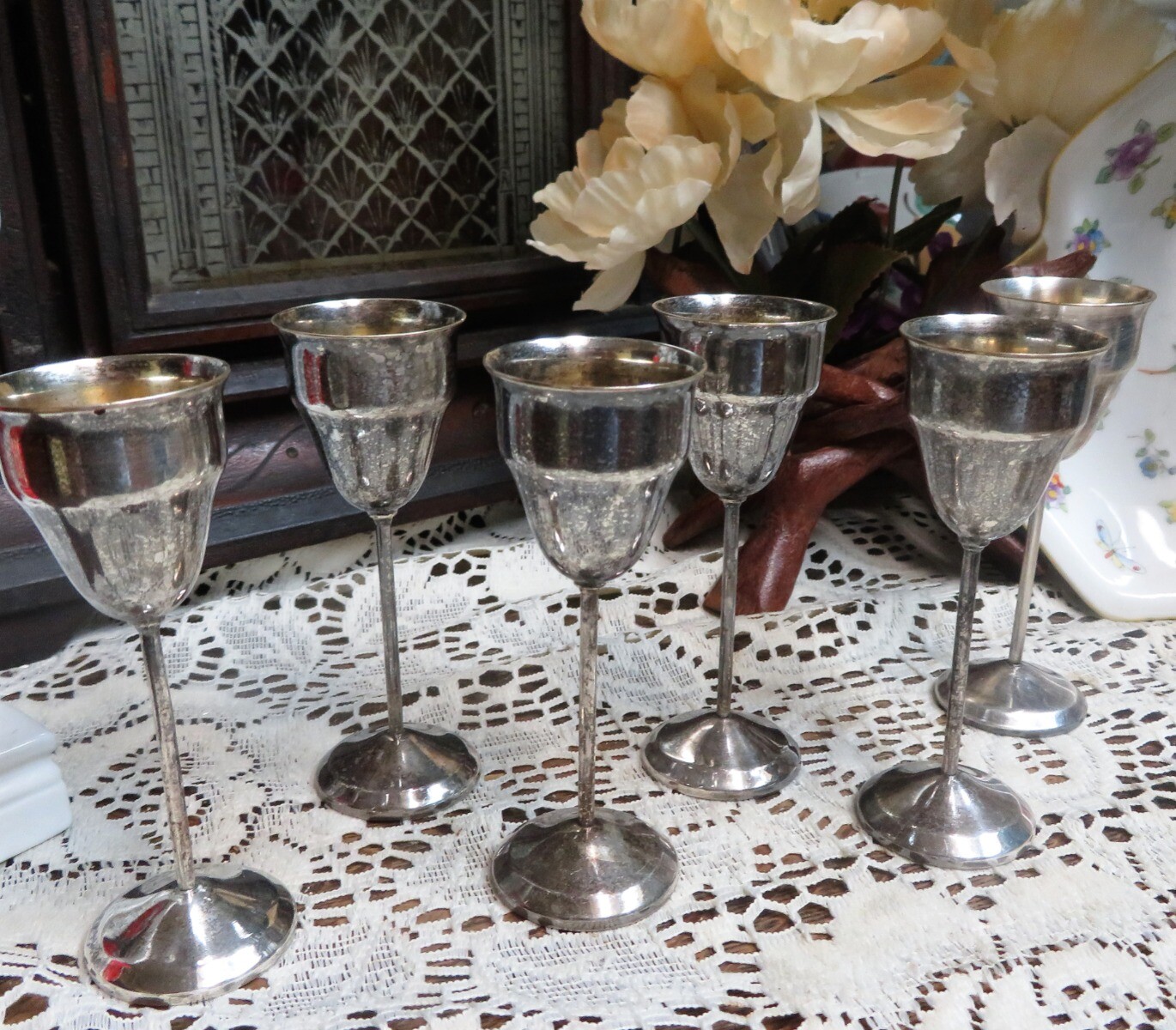 6 Rare EBHARDT SILVERPLATE GOBLET SET MARKED 60 40 ON BOTTOM 4″ tall 1 1/2″ wide