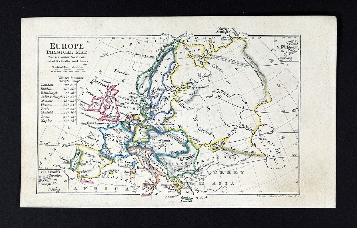 1863 Dower Map Europe Physical Isothermal France Germany Italy Spain UK Sweden