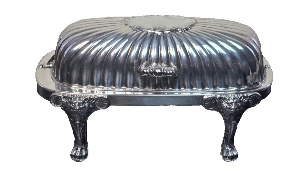 F.B. Rogers Silver Co Antique Hinged Rolltop Butter Dish Lion w/ Feet Read*