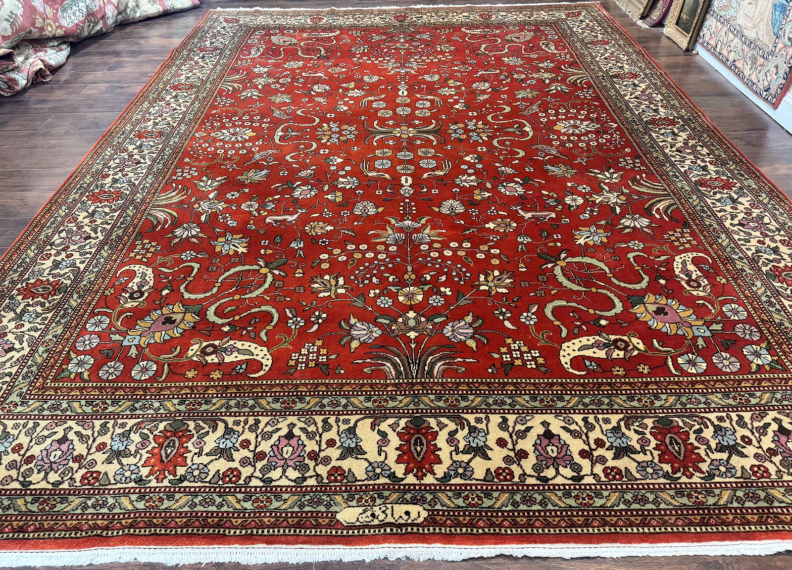 Romanian Rug 10×13 Vintage Handmade Wool Carpet Floral Birds Signed Red & Cream