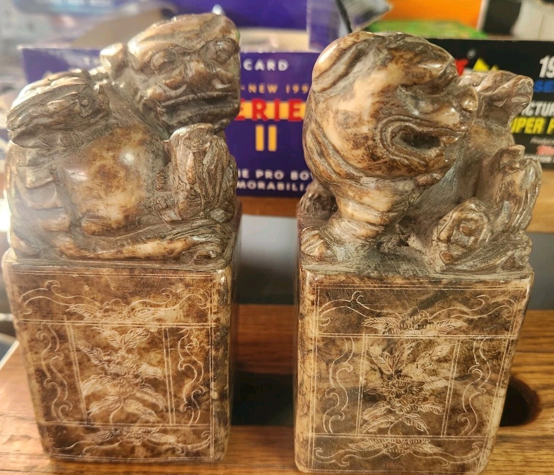 Chinese Foo Dog Brown Mottled Soapstone Chop Seals 20th C. Large ATG