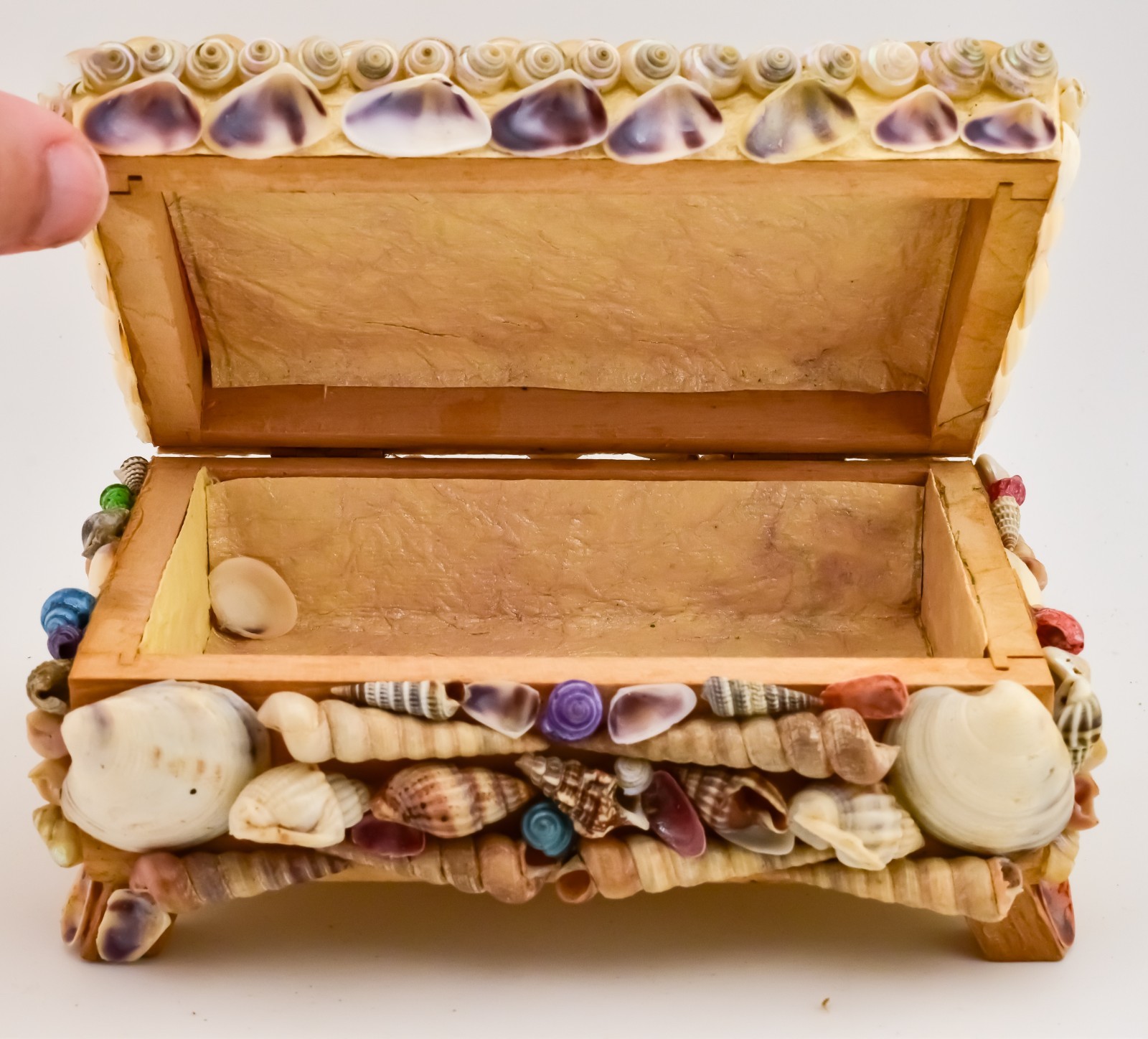 Victorian Era French Shellwork Jewelry Coffin Box Dyed Shells Sailor’s Valentine