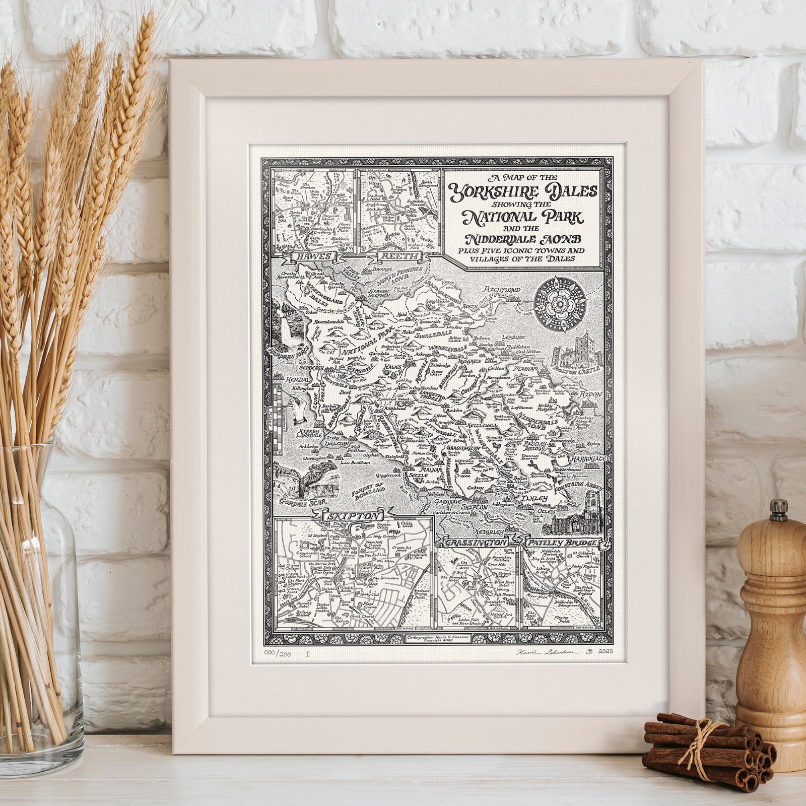 Yorkshire Dales Map [with mount] – Fine Art Prints Hand Drawn by Manuscript Maps