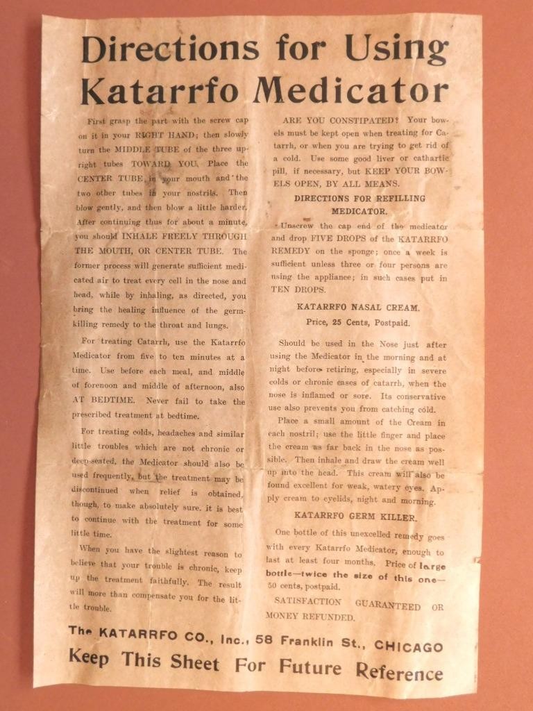 Early 1900’s Directions for Using Katarrfo Medicator Quack Medicine Slf5-2
