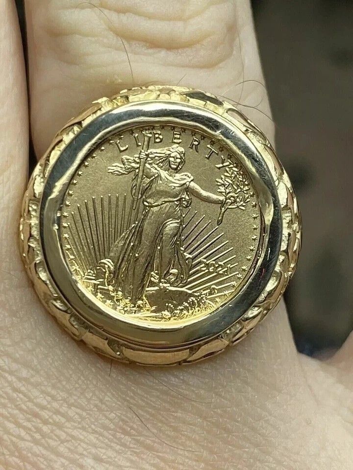 Lady LIBERTY Coin Nugget Men’s Ring Jewelry Gift 14K Yellow Gold Plated Silver