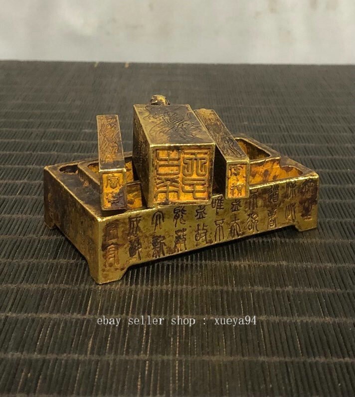 3.7″ Old Dynasty Pure Bronze Gilt Dragon Beast Phoenix Bird Seal Signet Set