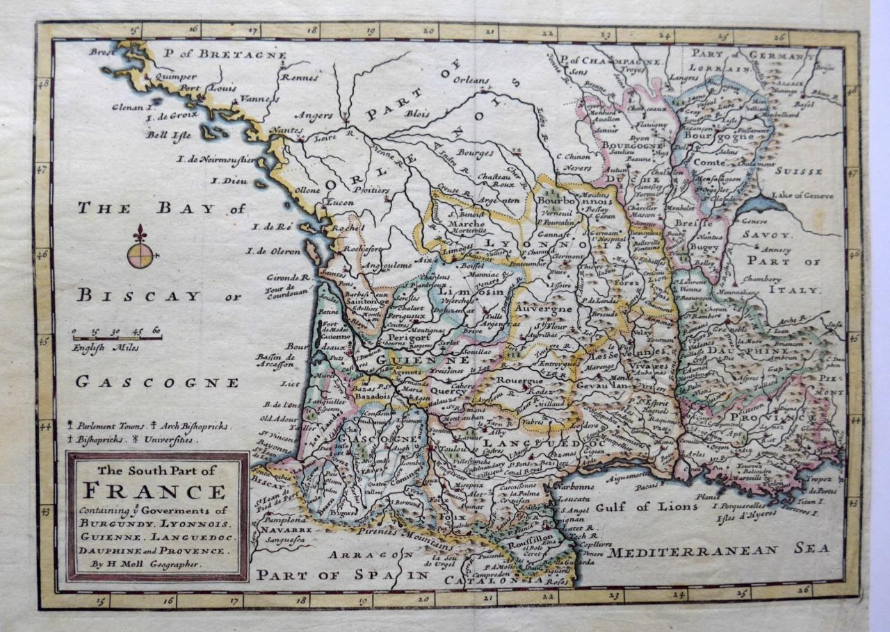 FRANCE SOUTH PART BY HERMAN MOLL c1711 GENUINE ANTIQUE COPPER ENGRAVED MAP