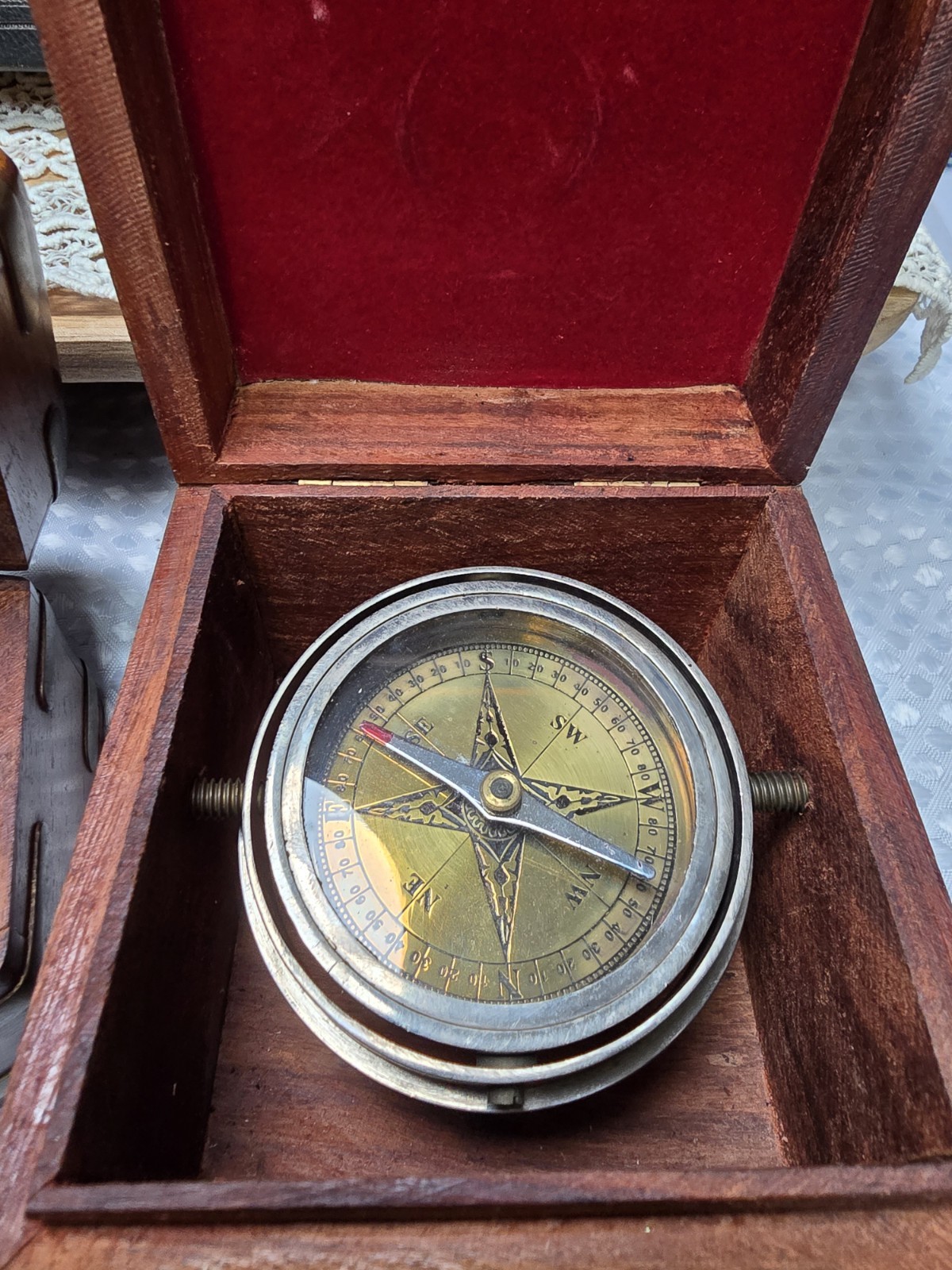 Vintage Explorer/Nautical Set w/ Telescope, Compass & Sextant with Wooden boxes
