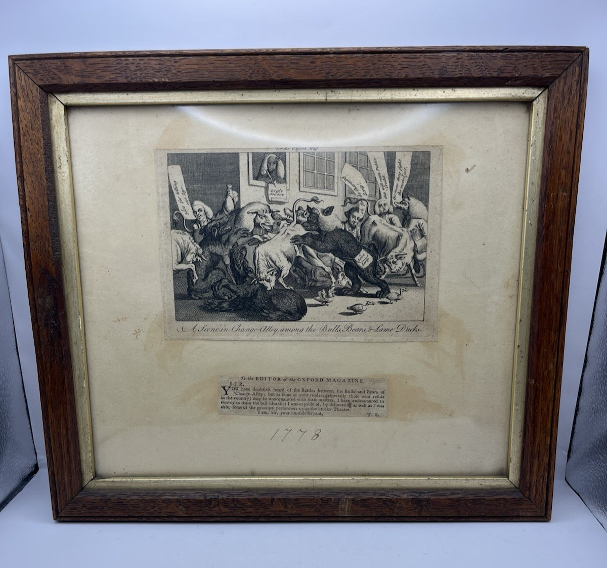 Antique 1778 Satirical Print “A Scene in Change Alley Bulls Bears & Lame Ducks”