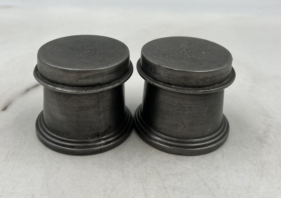 Vintage Pewter Salt and Pepper Shakers Set Heavy Metal Marked Tree Crest Lid Kit