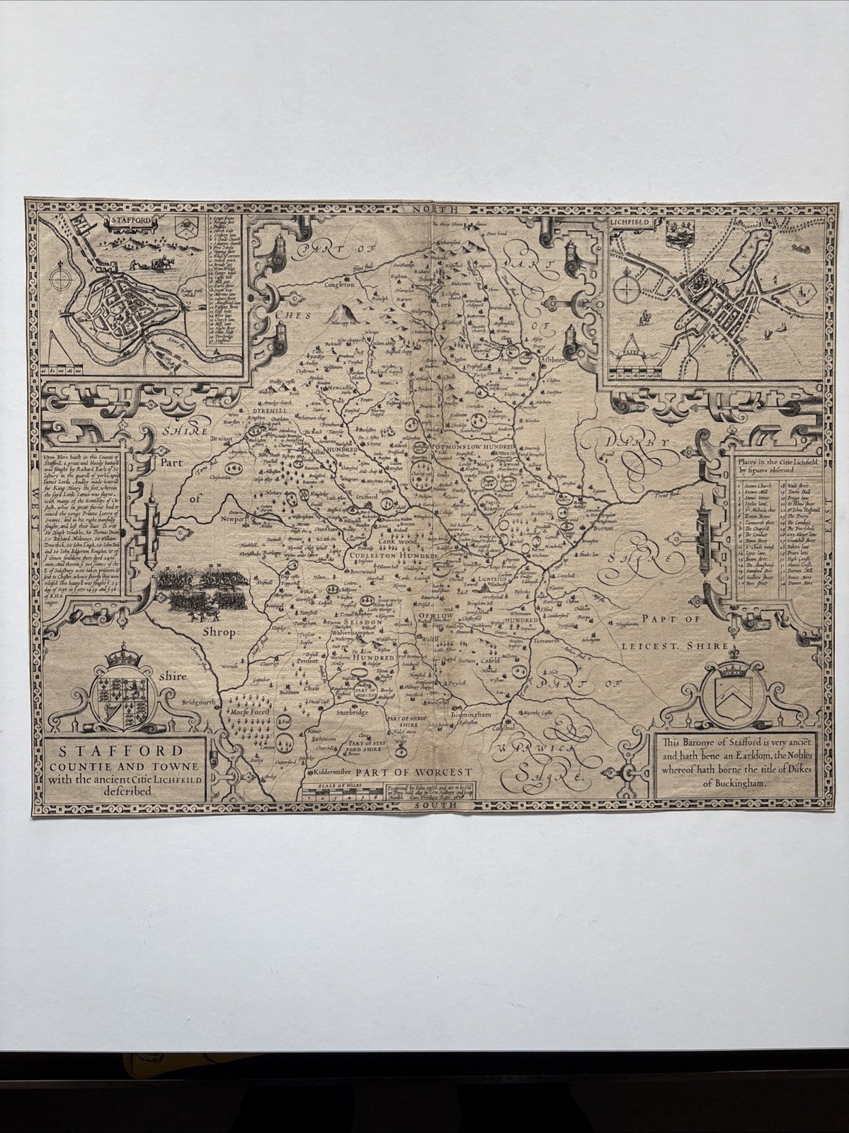Antique Map Stafford Countie and Towne with the ancient Citie Lichfeild 1610